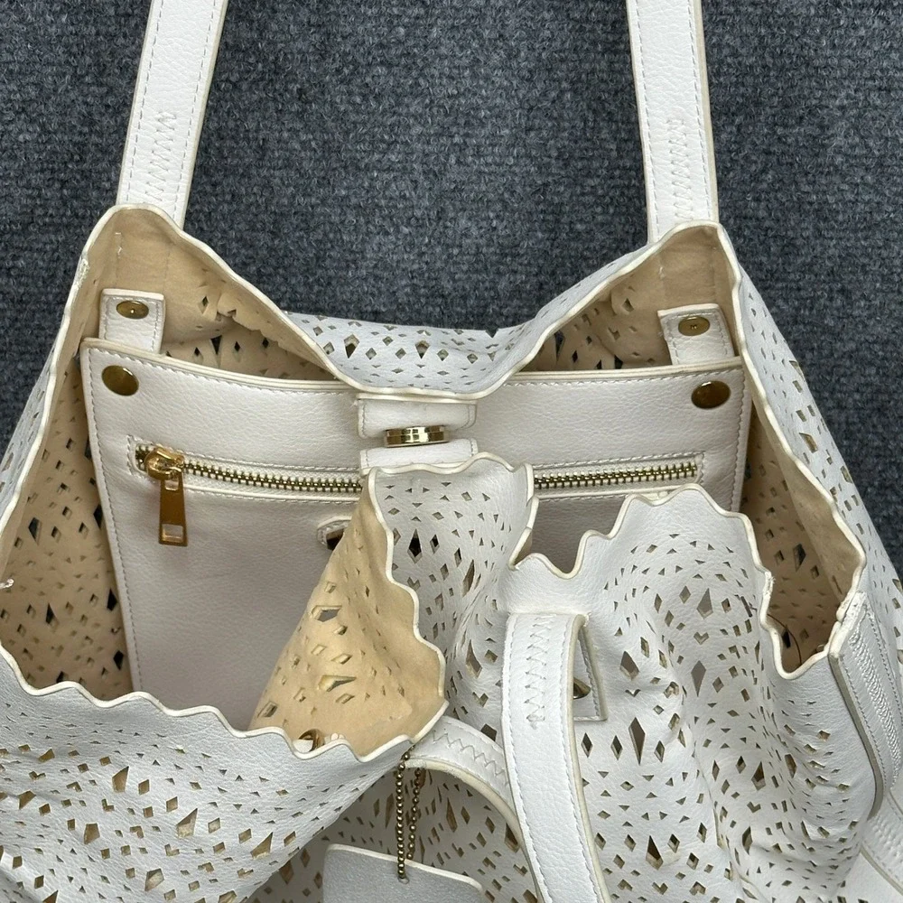 Madison West Laser Cut Perforated Scalloped White Vegan Leather‎ Tote Bag